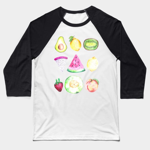 Watercolor Fruits Pattern - White Baseball T-Shirt by Neginmf